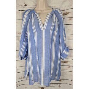 Soft Surroundings Blue Striped Gauze Top L Linen Blend Popover Roll Sleeves